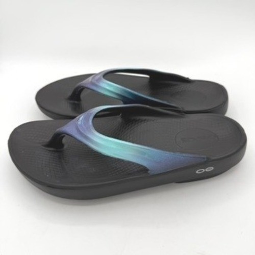 OOFOS OOlala Thong Sandal Women W7 Black Iridescent Recovery Comfort Ergo Sporty - Picture 3 of 7